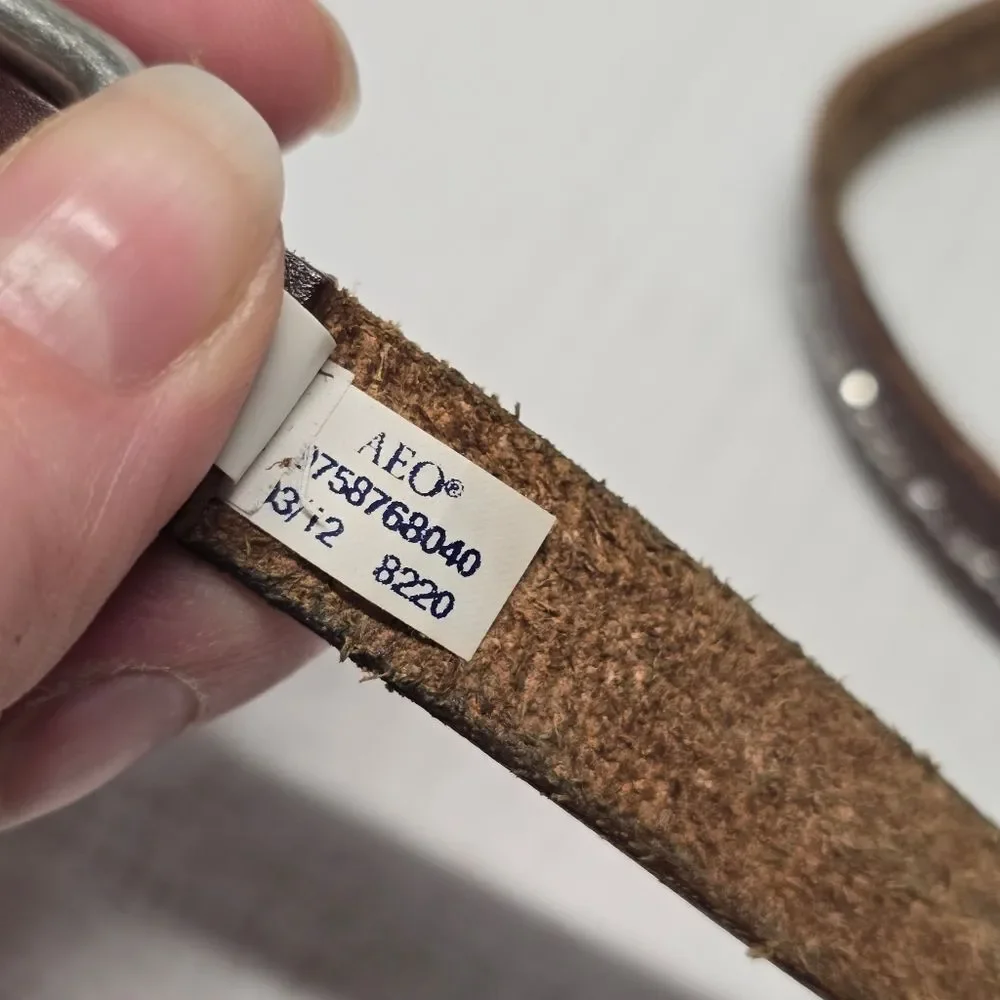 American Eagle Outfitters AEO Brown Genuine Leather Silver Beaded Skinny Belt XS